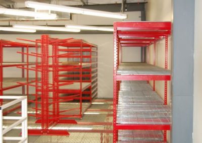 red shelving upper mezzanine