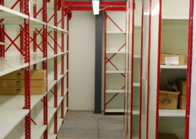 red and white shelving