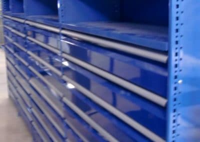 blue shelving with drawers