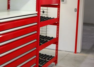 red shelving with rollers