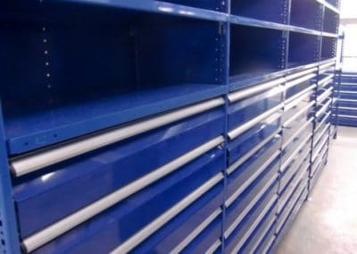 blue shelving with drawers