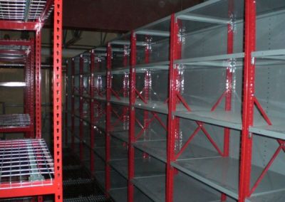 red and grey shelving