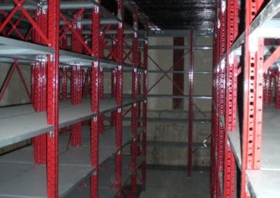 red and grey shelving