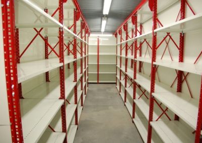 red and white shelving