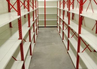 red and white shelving