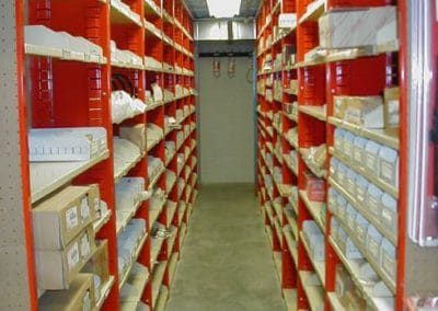 red shelving with products